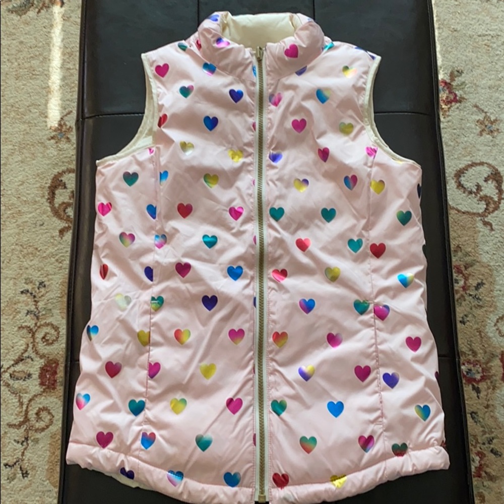 Large Kids 10-12 Light pink vest with hearts.